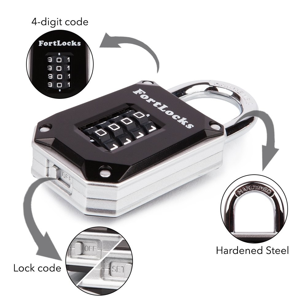 FortLocks 2 Pack Combination Lock, 4 Digit, Waterproof, Resettable, Silver