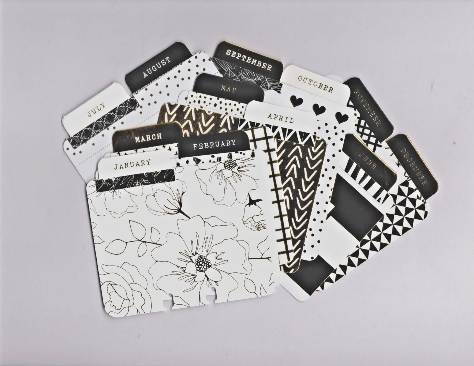 (12) GOLD ON WHITE CALENDAR MEMORYDEX/ROLODEX CARDS Gold Foil HANDMADE