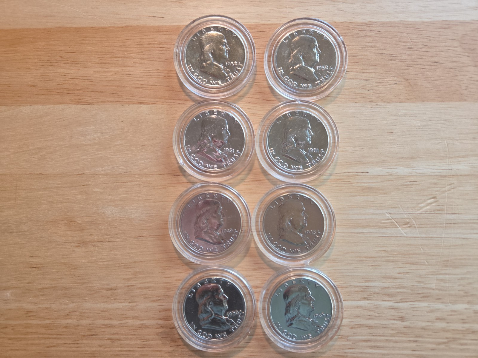 1940s, 50s, 60s Lot of 8 Franklin Silver Half Dollars, Nice Condition