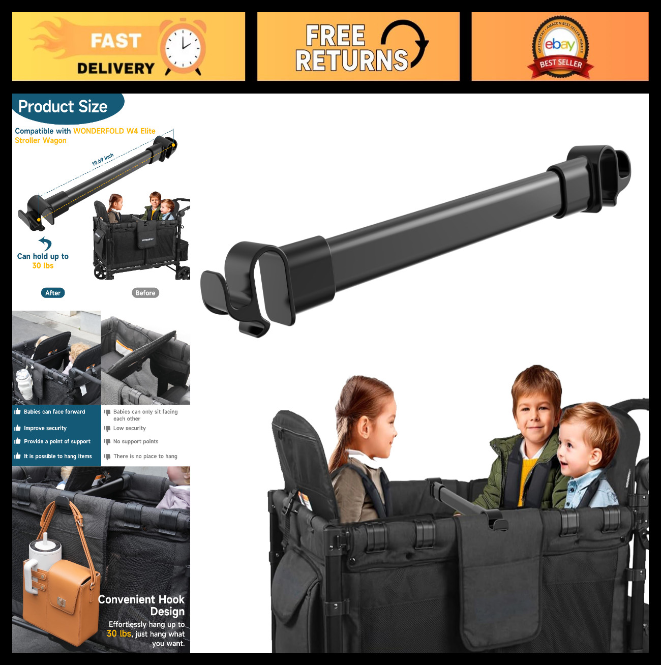Stroller Wagon Support Bar for 4-Seater, Forward-Facing Bus-Style Seating, Easy