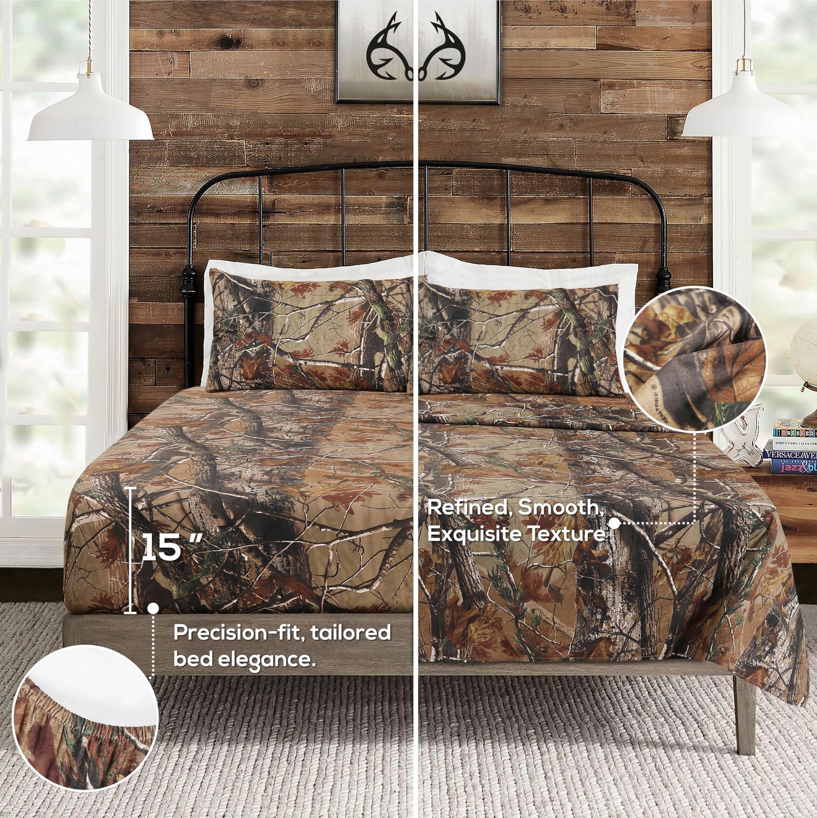 Realtree All Purpose Camo Bedding Full Sheet Set 4 Piece Polycotton Rustic Fa...