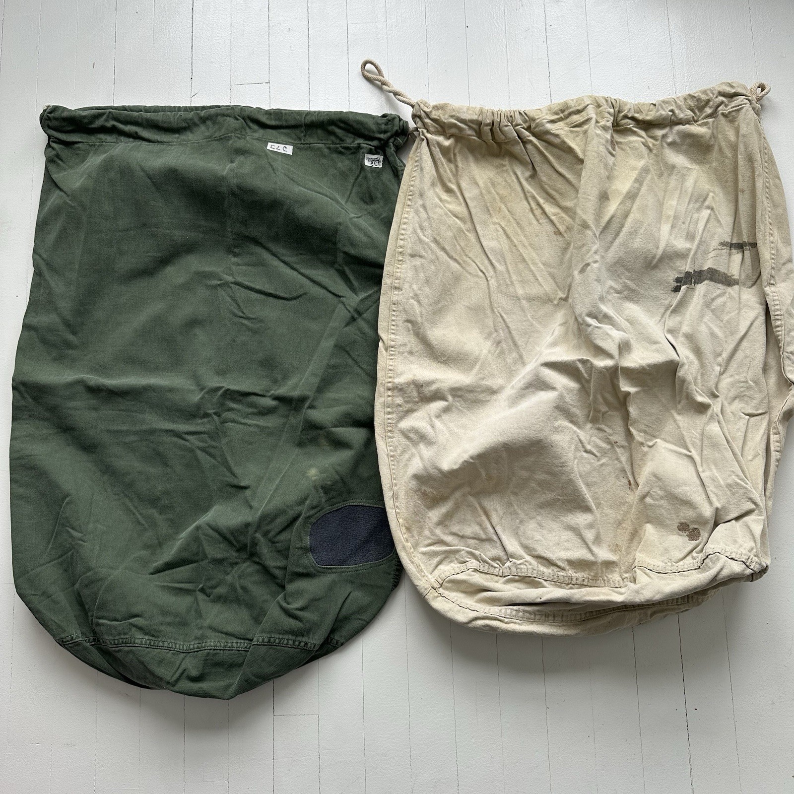 Vintage Laundry Sack Bag OD Green Military And Khaki Drawstring Repairs Patches