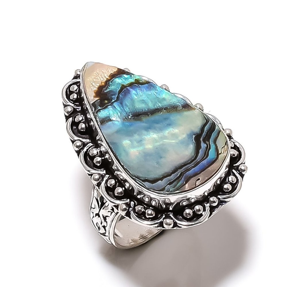 Abalone Shell Gemstone Handmade 925 Sterling Silver Jewelry Ring Size 8 R644