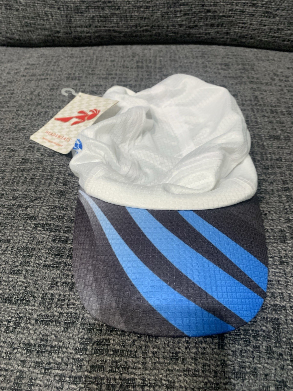 Headsweats Performance Race Running Hat – White with Blue/Grey Striped Brim