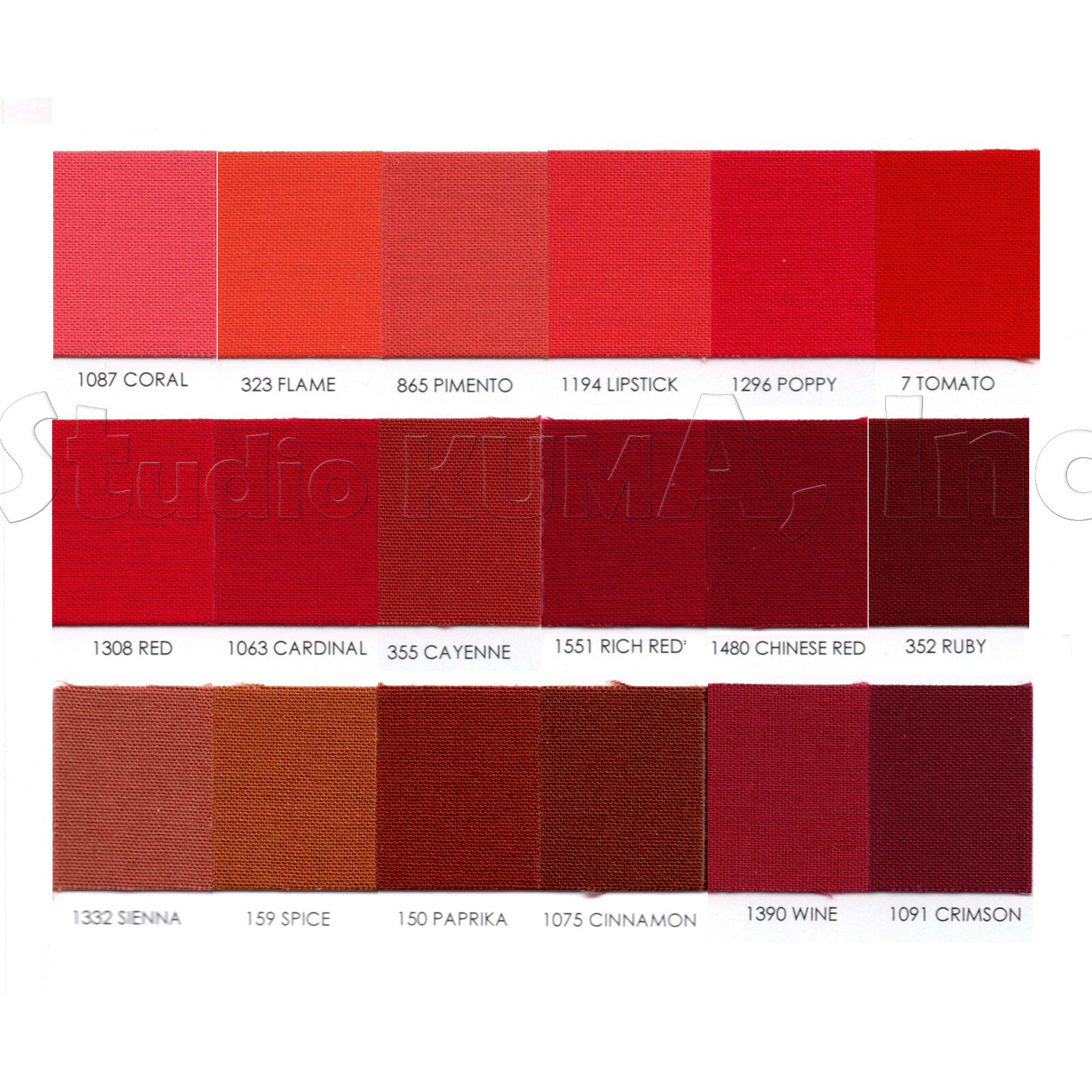 ROBERT KAUFMAN "KONA COTTON SOLID" Red tones by the 1/2 yard