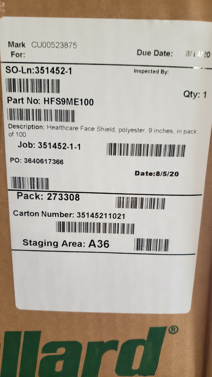 CASE 100 Bullard Health Care Face shields Clear Safety Mask Daily Use HFS9ME100