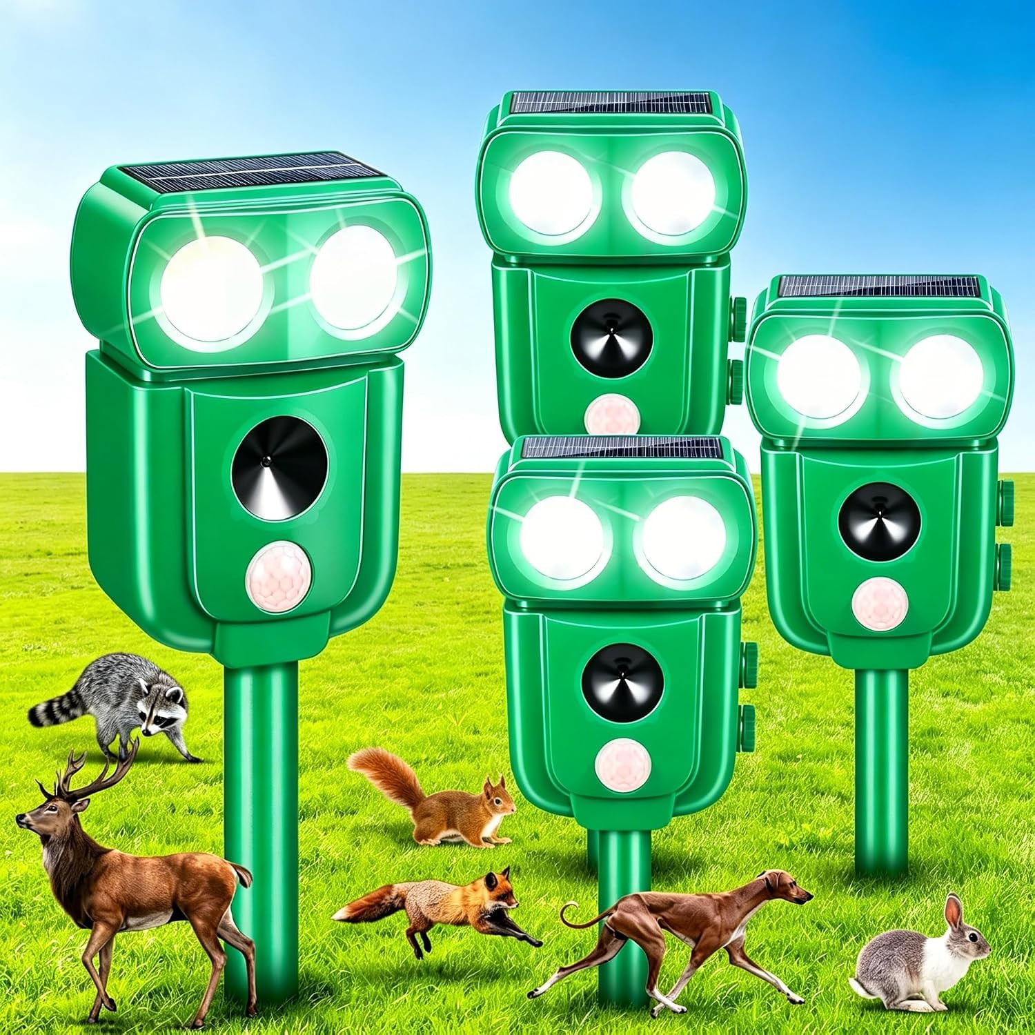 4 Pack Solar Animal Repeller Outdoor, Sonic Fortress Pro Deer Repellent, Cat Rab