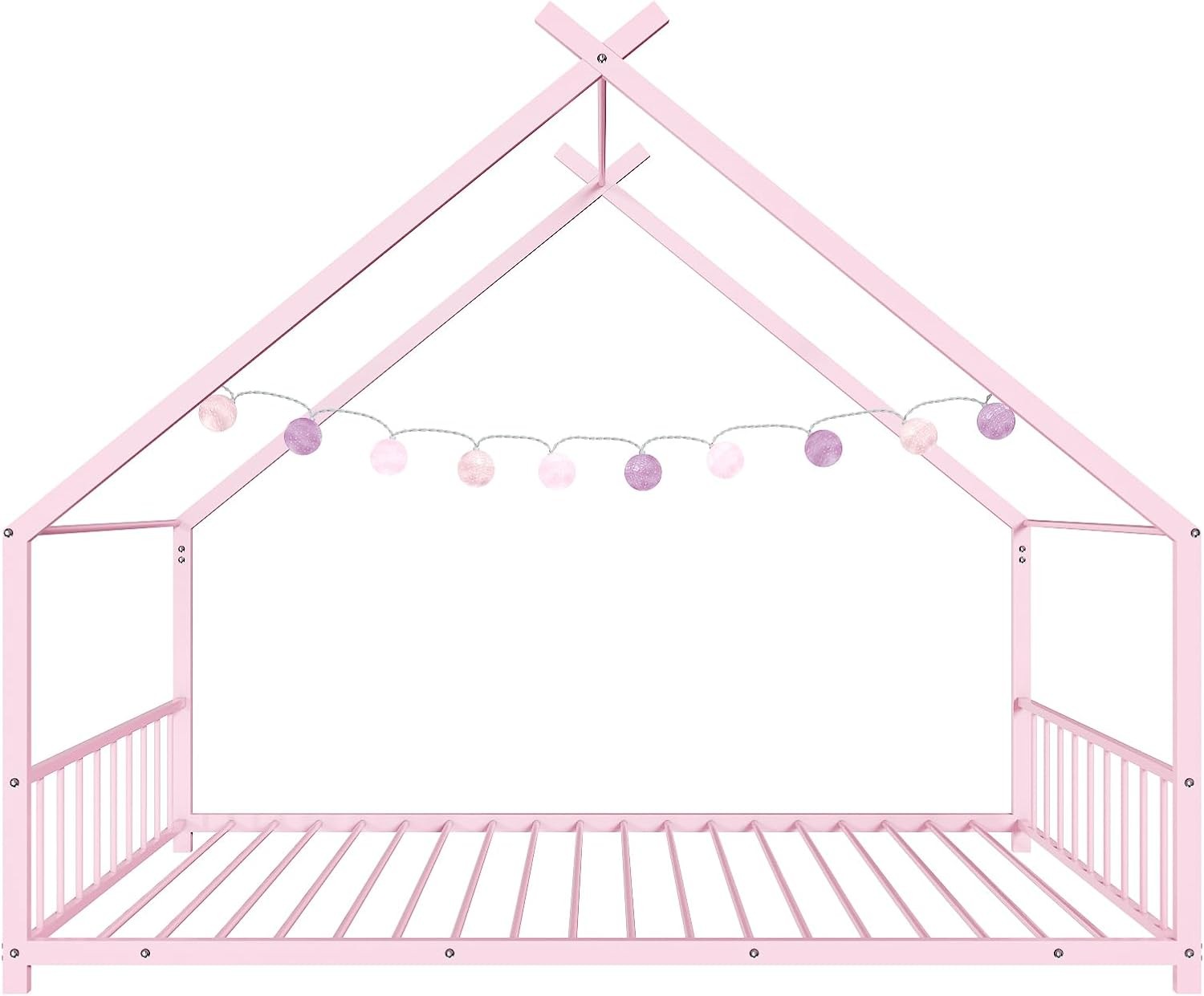 Twin Size Toddler Floor Bed,Metal Montessori Bed with Slats & Fence,Roof/ House