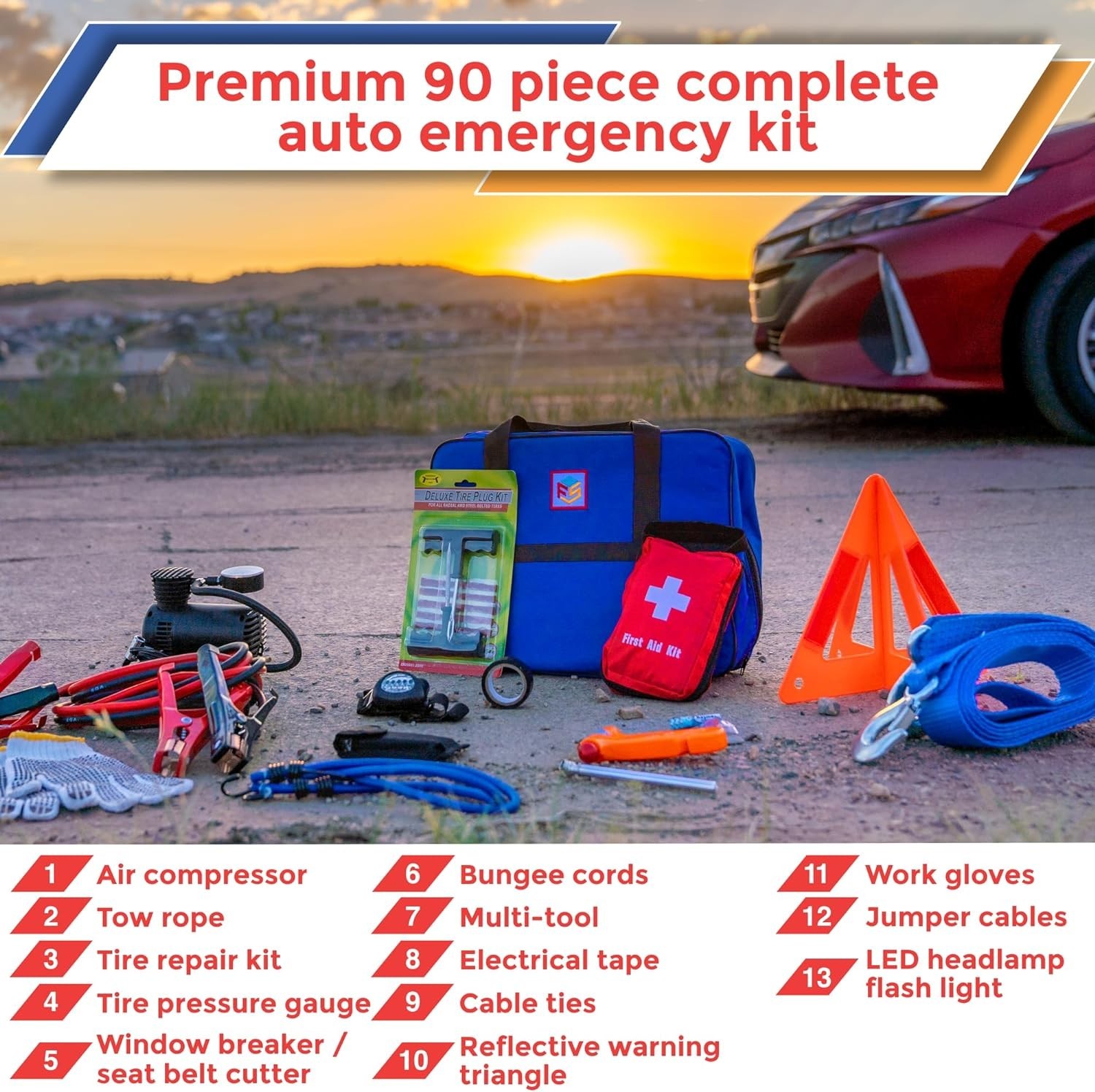 Car Emergency Kit with Air Compressor, First Aid, Tow Strap and More
