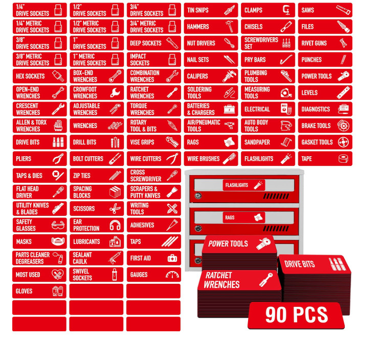 90 PCS Magnetic Toolbox Labels | Large, Easy-Read Tool Chest Drawer Organizers
