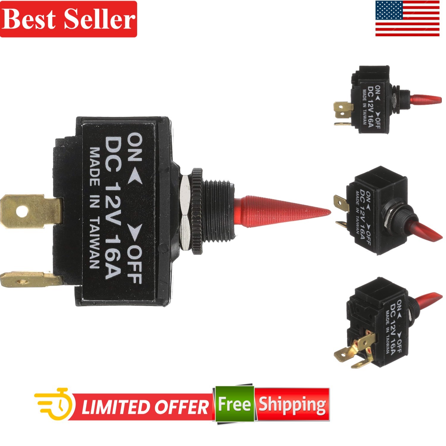 2-Position Illuminated Toggle Switch for Marine 12V On/Off Panel Mount Red