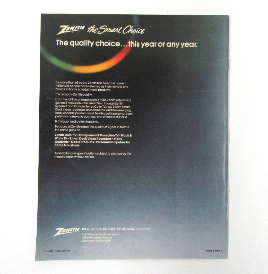 1985 ZENITH ADVANCED SYSTEM 3 THE SMART SET TELEVISION CATALOG VG