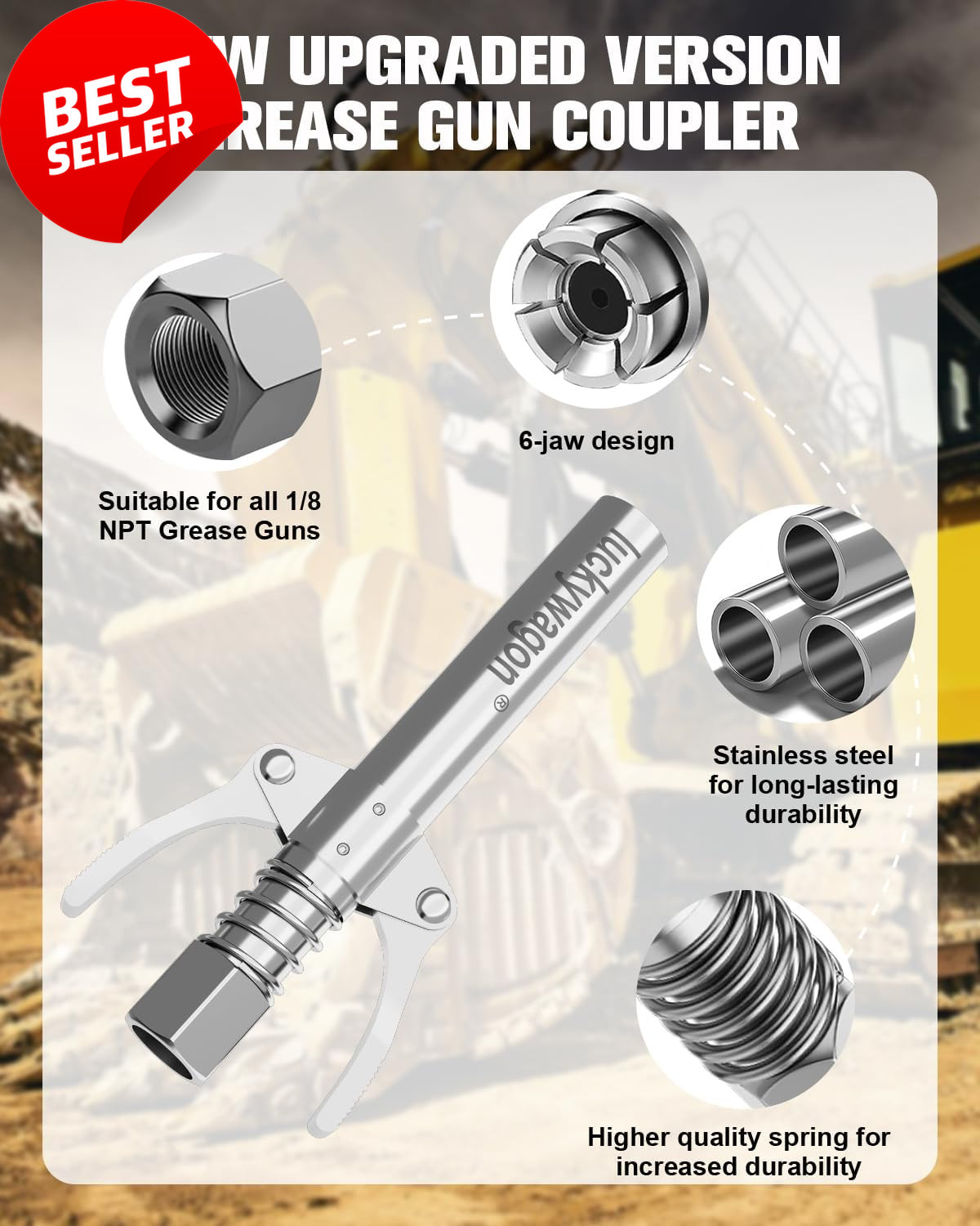 Grease Gun Coupler Extra Long High Pressure 10,000 PSI Quick Locking Release