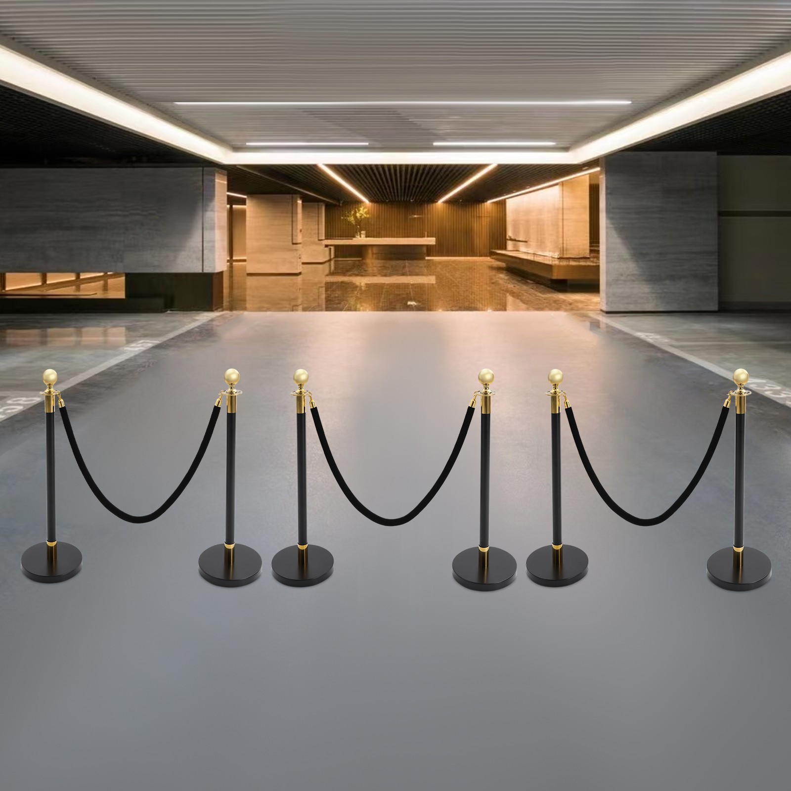 6x Black+Gold Stanchion Posts Queue Pole with 4*1.5m Ropes Crowd Control Barrier