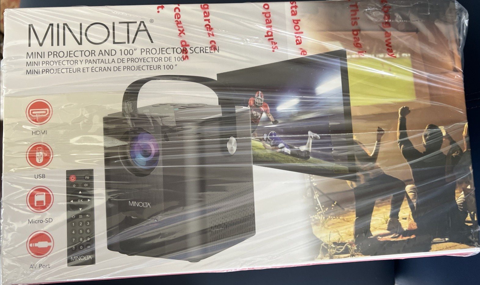 Minolta Mini Projector MN674 Bundle Pack with 100" Screen and Remote; New in Box