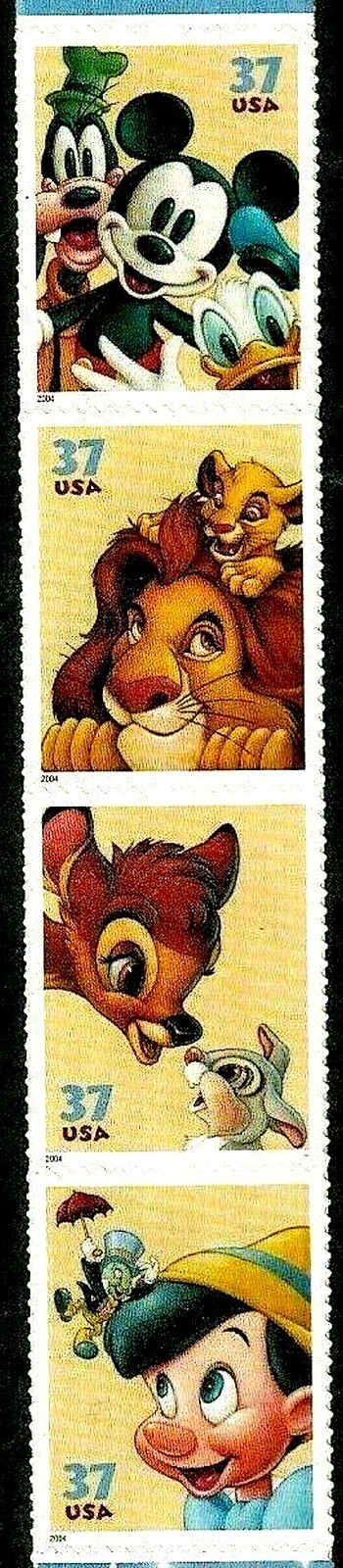 4 DISNEY CARTOON STAMPS: Mouse Dog Duck Lion Cub Deer Fawn Rabbit Bunny Cricket