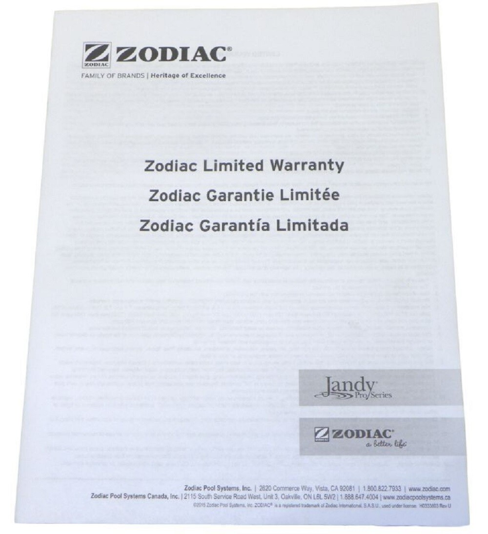 Jandy Pro Series Zodiac Limited Warranty Guide