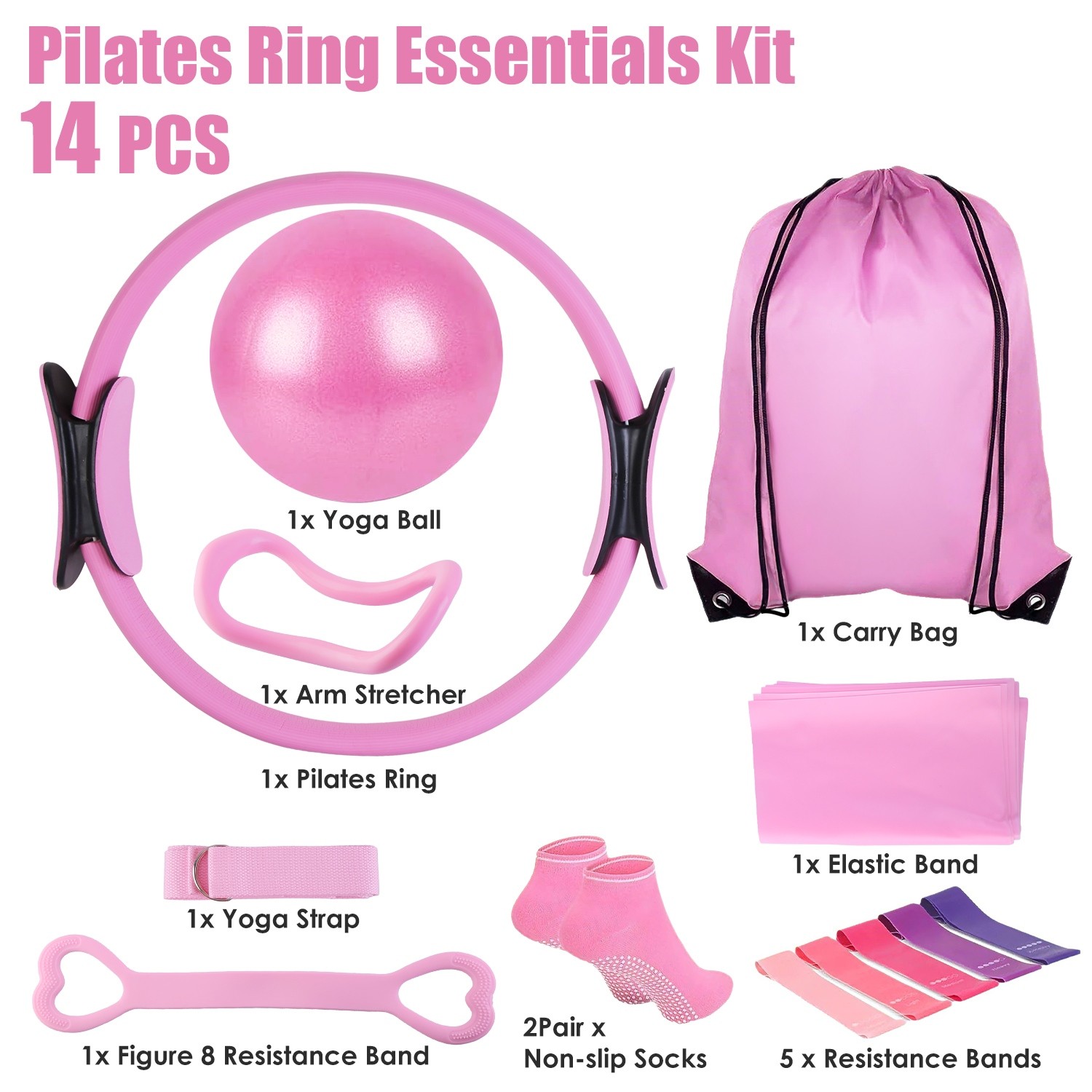 14Pcs Pilates Ring Essentials Kit Yoga Strap For Women & Yoga Ball Arm Stretcher