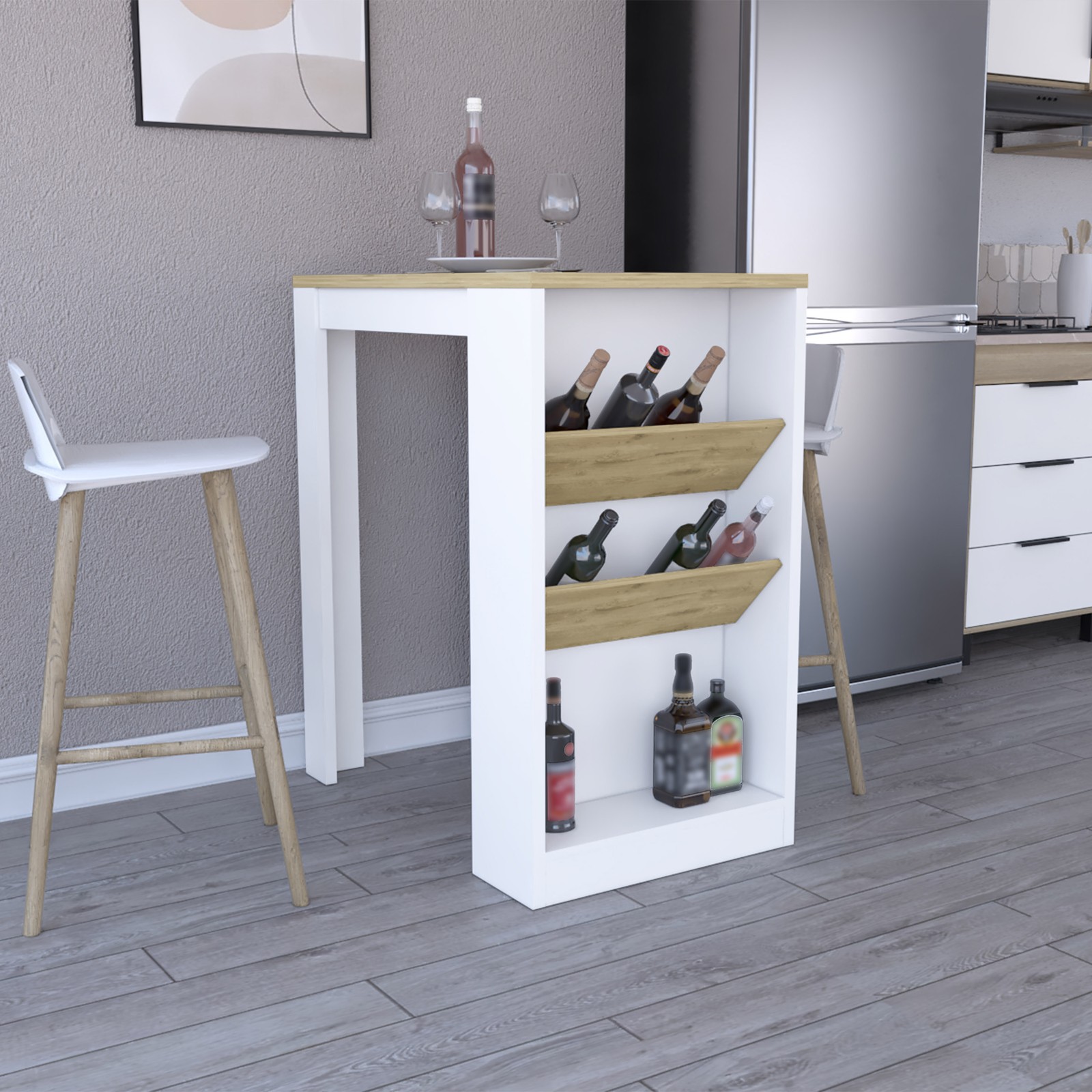 White and Pine Finish Kitchen Island, Rolling Cart with 2 Shelves and Towel Rack
