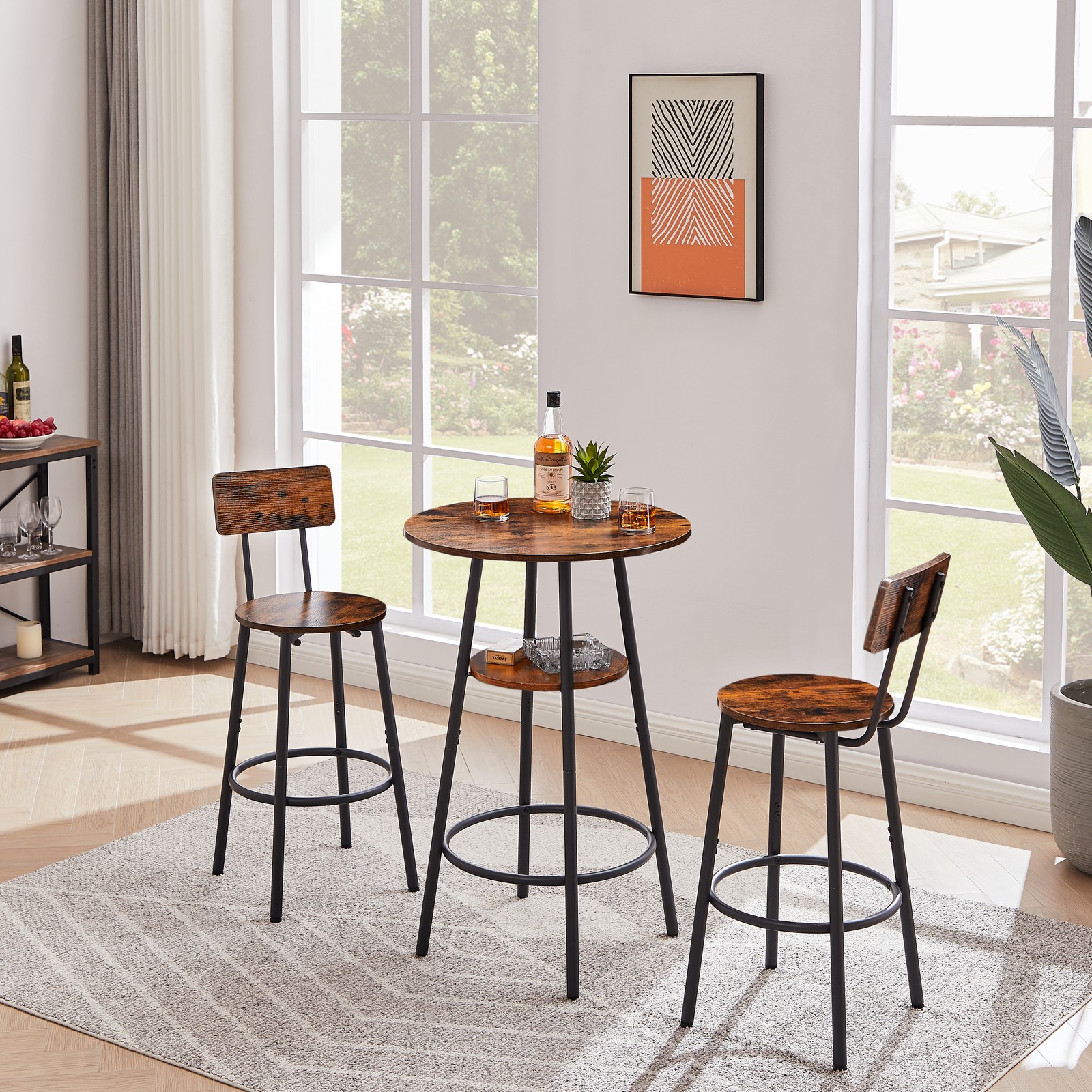 Round bar stool set with shelves, stool with backrest Rustic Brown, 23.6'' Dia