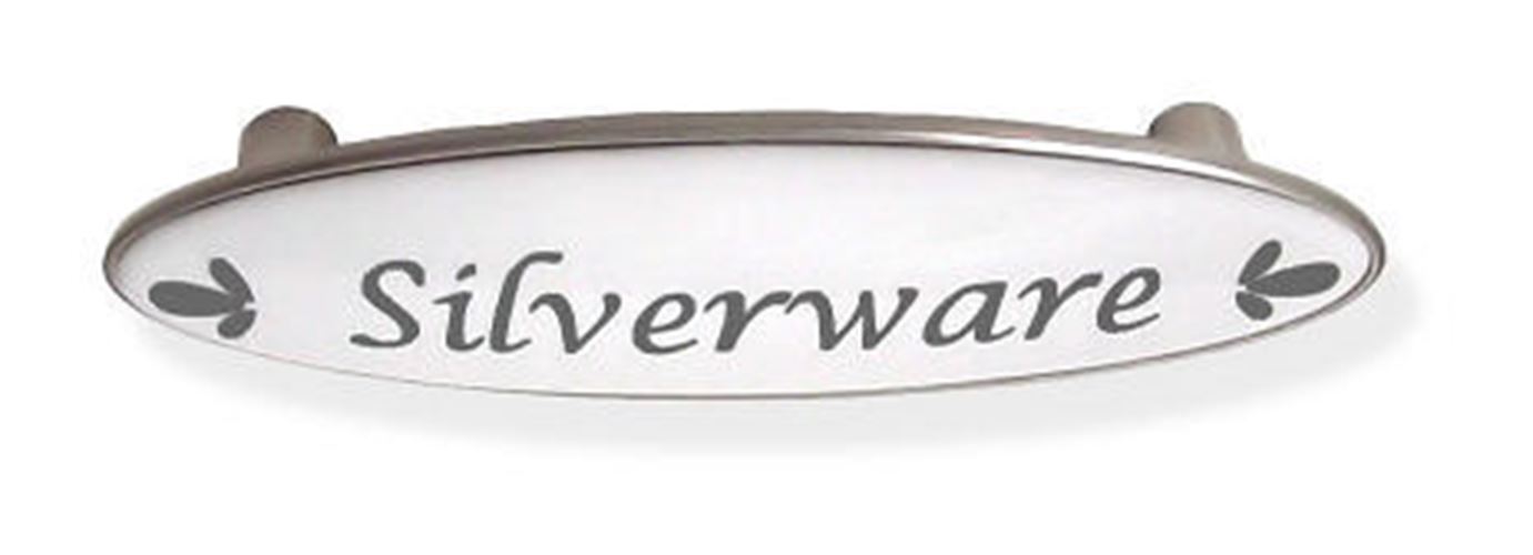 3" Silverware Drawer Pull Blue-Gray Script Satin Nickel