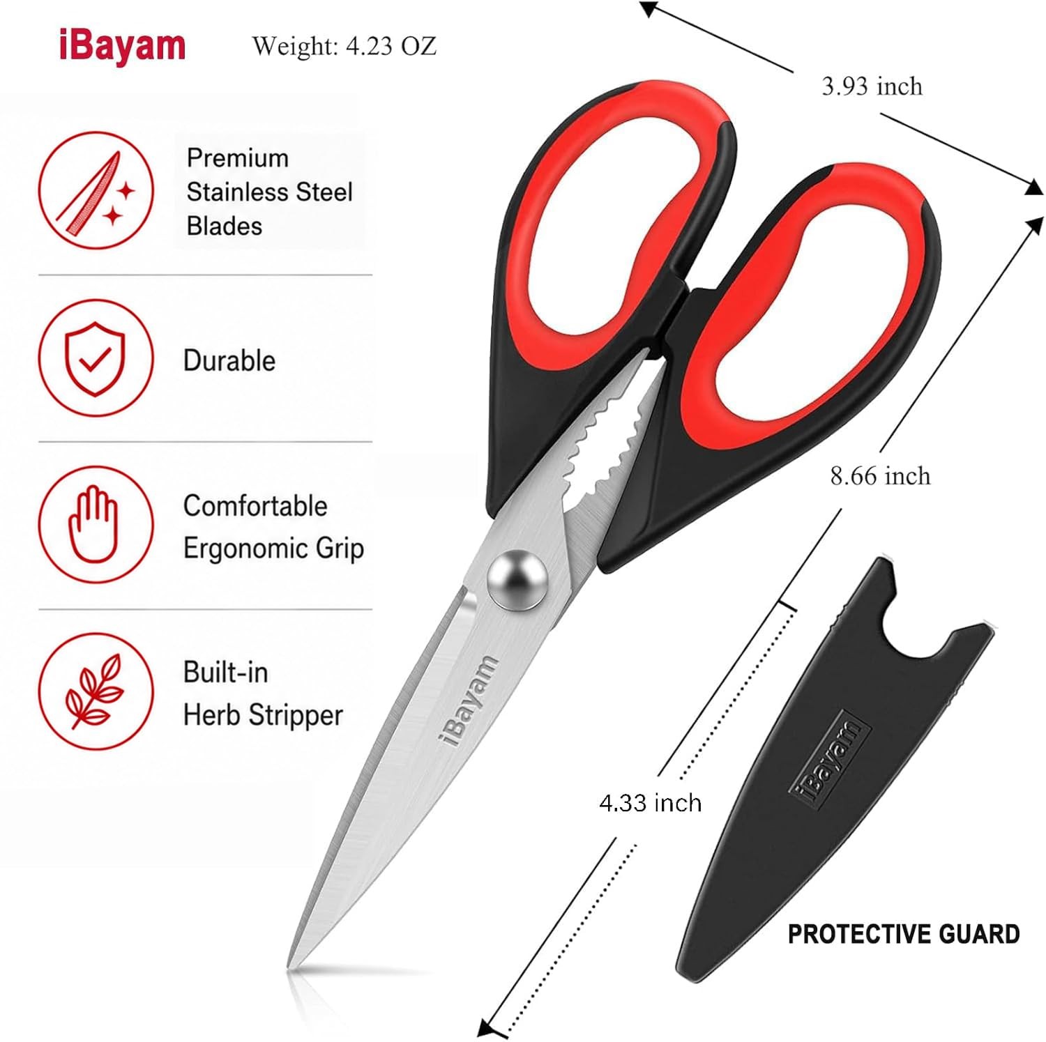 iBayam 3-Pack 8.7" Kitchen Scissors 3-Pack, Black Red,black Gray,black Orange
