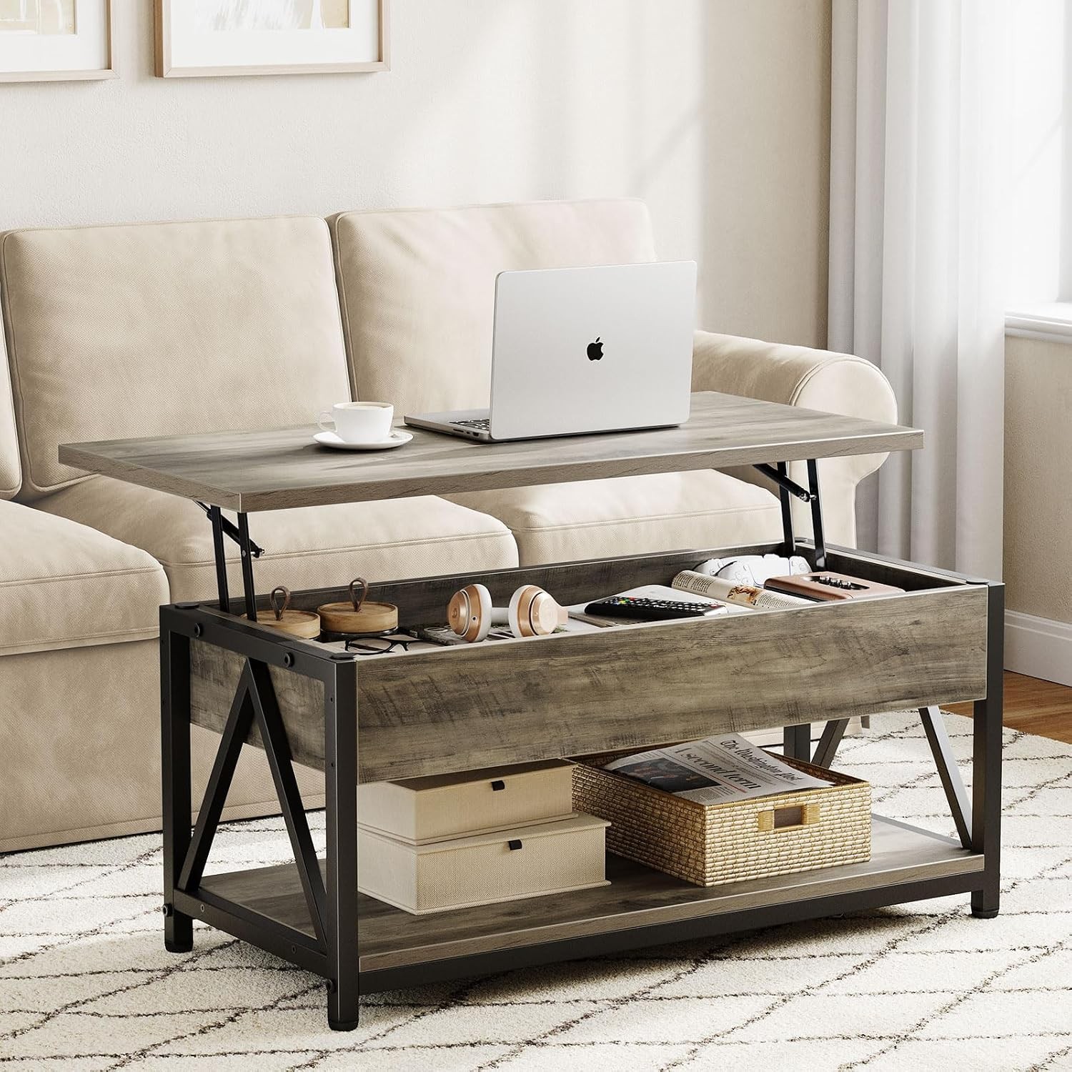 Lift Top Coffee Table W/ Storage Shelf,Grey Lift Coffee Tables W/ Large Hidden
