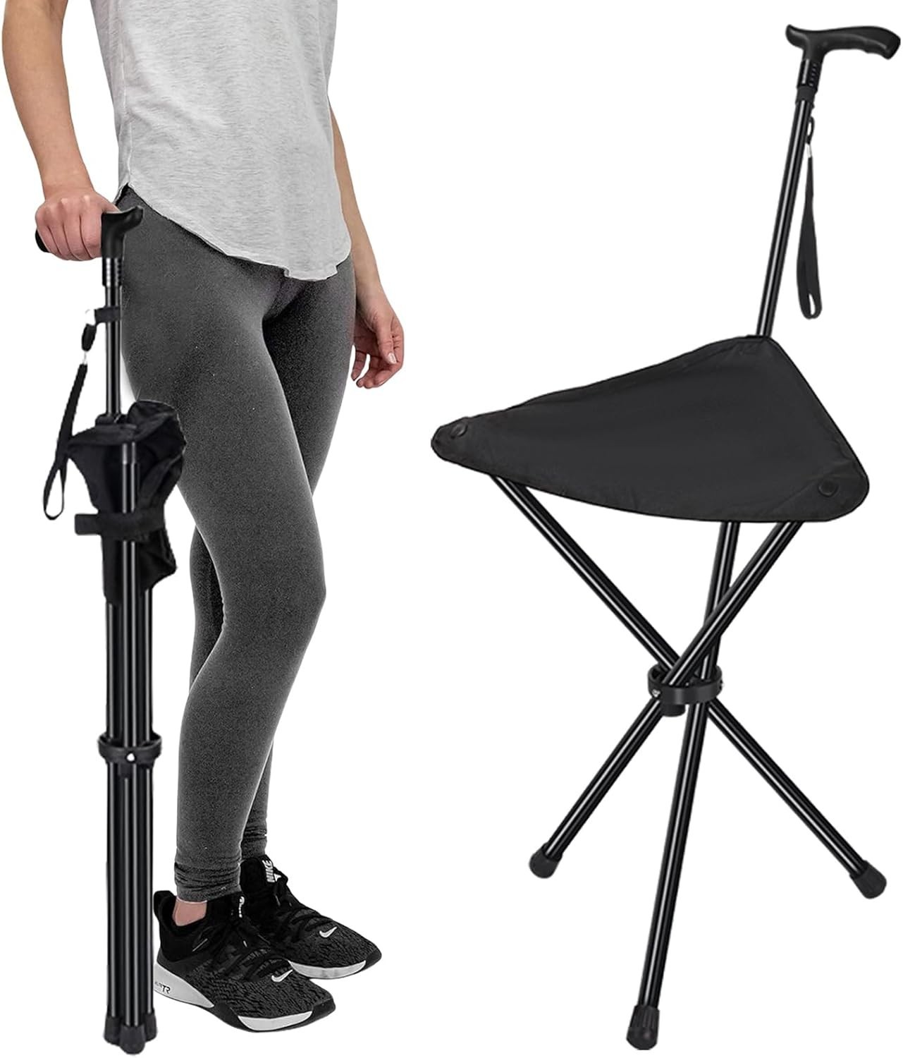 Cane with Seat Folding Lightweight, Adjustable Height 34.2"-39.7" Walking Stick