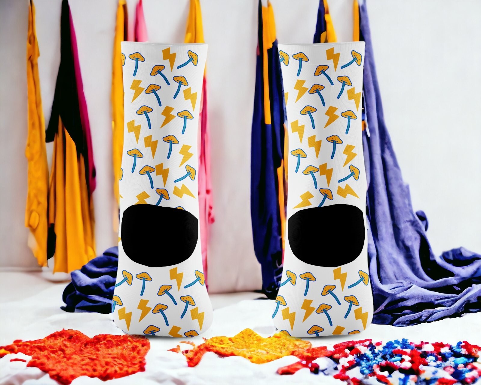 Hand-Printed Socks - Toadstool & Lightning Bolt Design - Unique Novelty One Size