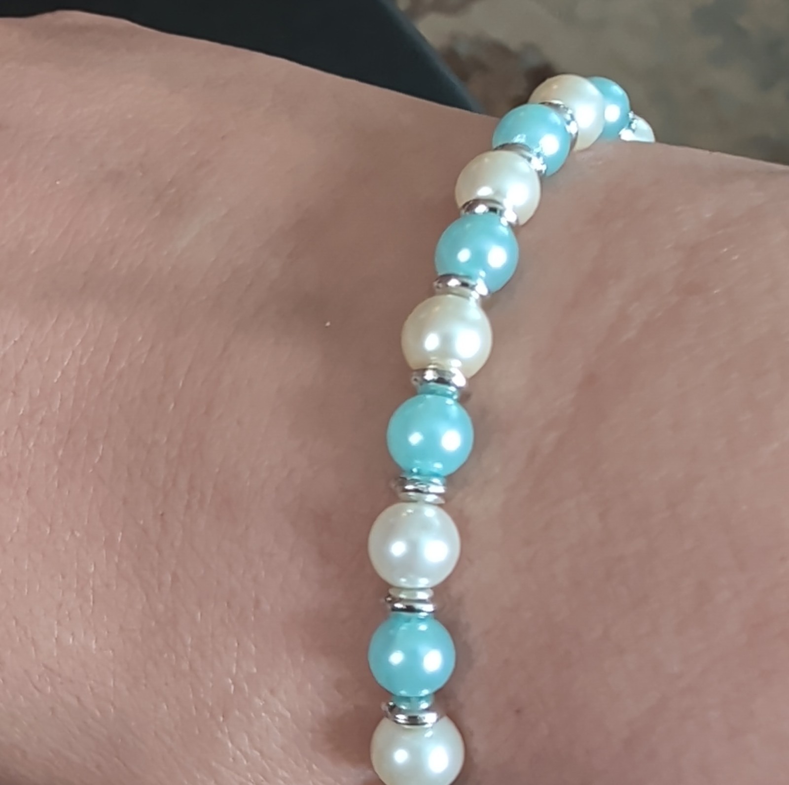 Beaded Bracelet Baby Blue & White Glass Round Beads Handmade Art