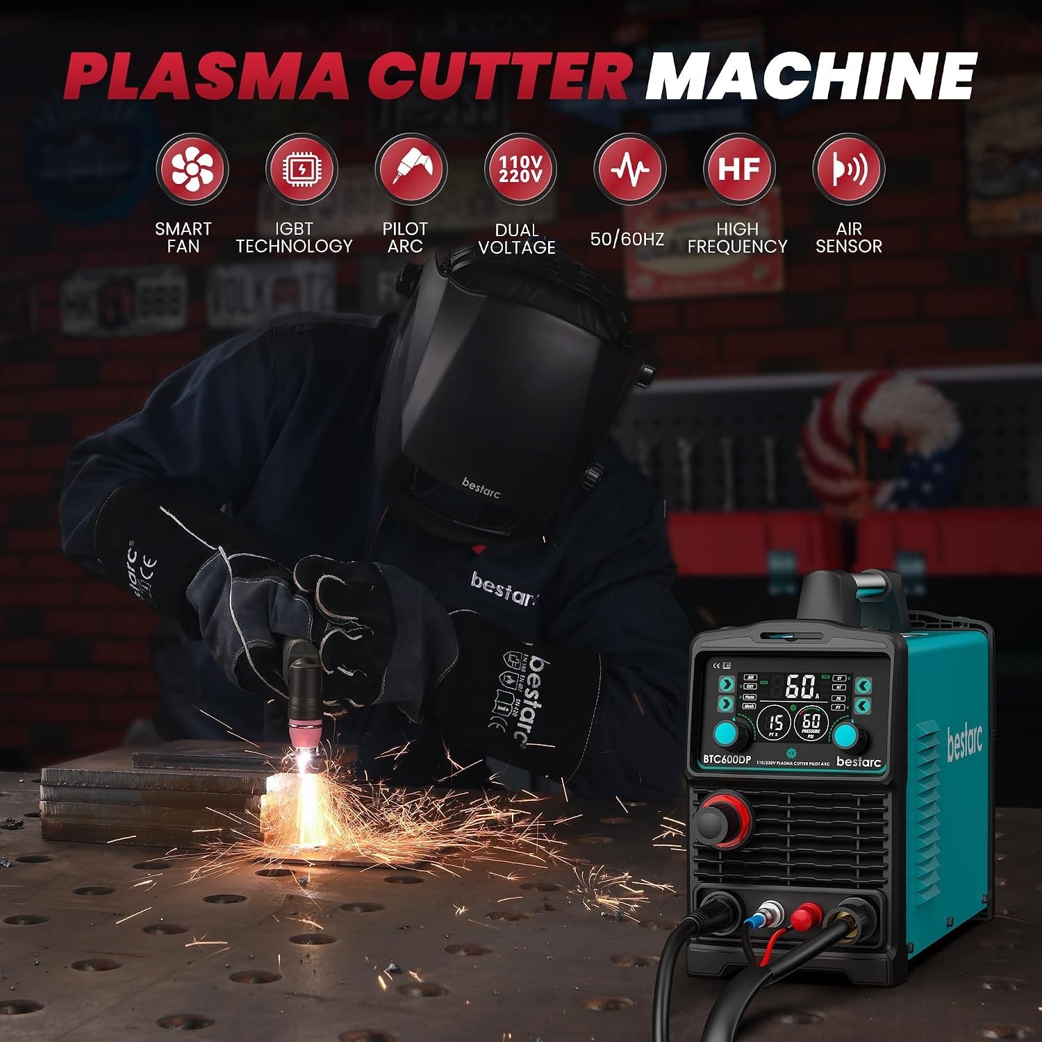 Plasma Cutter, [Pilot Arc][Large LED Display][Air Sensor] 60A Plasma Cutter M...
