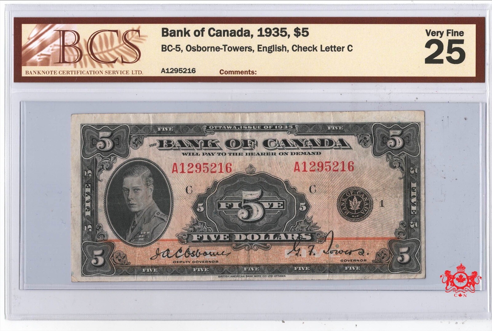 1935 Bank Of Canada 5$ English A1295216 - BCS VF25 -