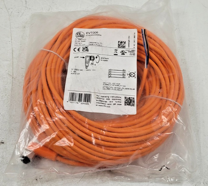 IFM EVT006 Single-Ended Cordset, 5 Pins, Orange, PVC, 25m Cable