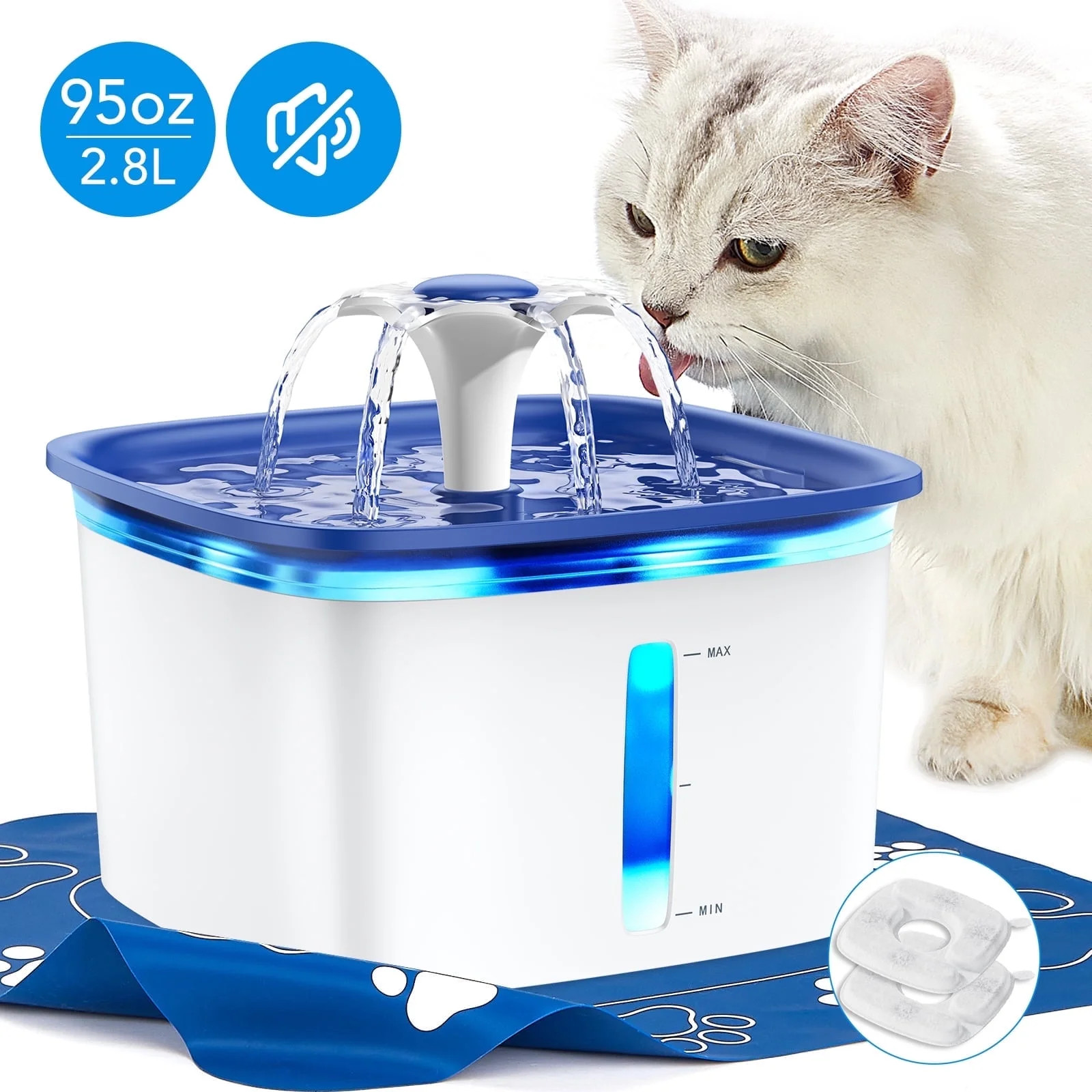 95Oz/2.8L Pet Fountain Anti-Slip Mat with Dispenser and Smart Pump, White & Blue