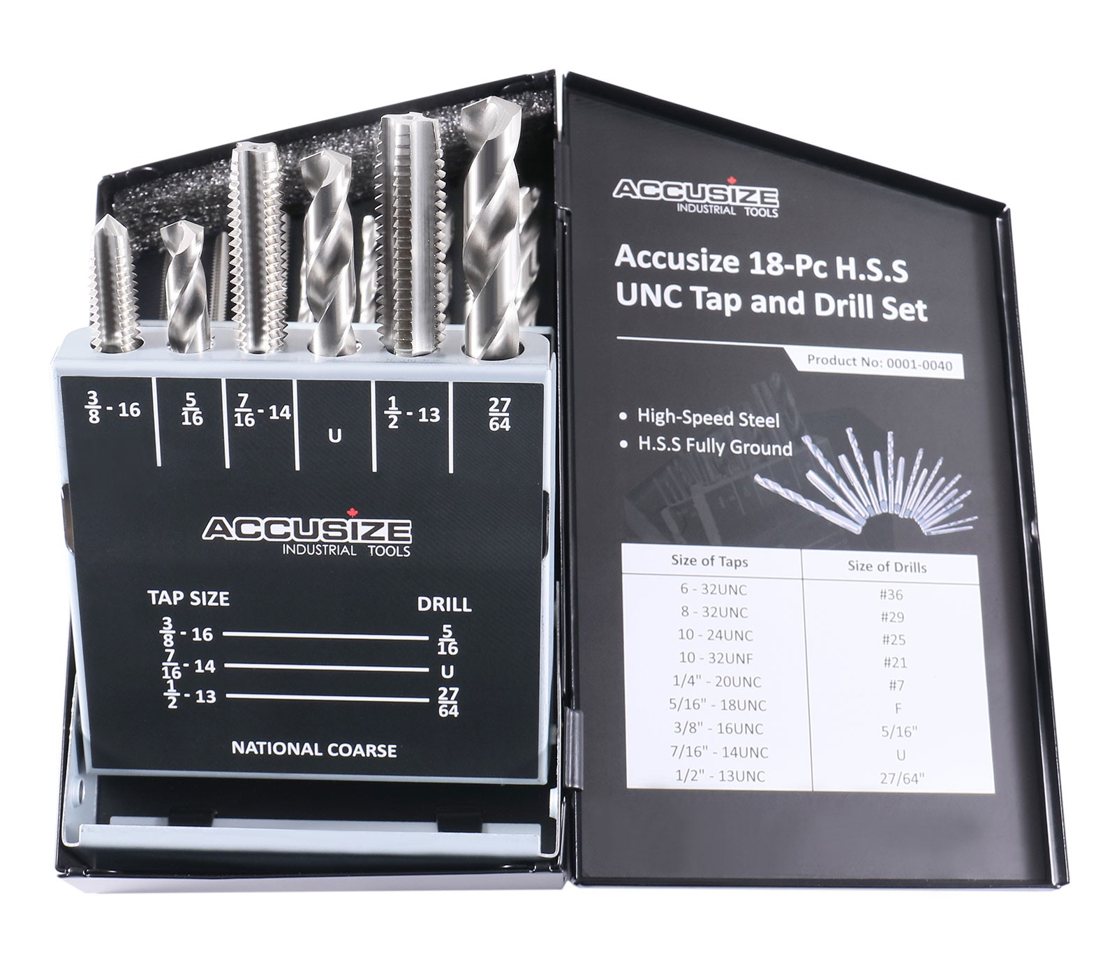 18 Pcs/Set H.S.S. Tap & Drill Sets, UNC, In Metal Box, #0001-0040