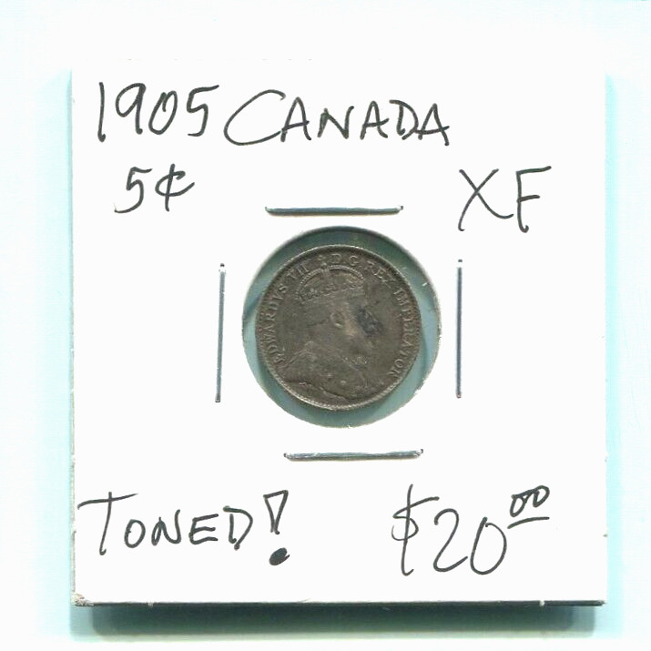 CANADA - BEATIFUL  HISTORICAL TONED EDWARD VII  SILVER 5 CENTS, 1905  KM# 13