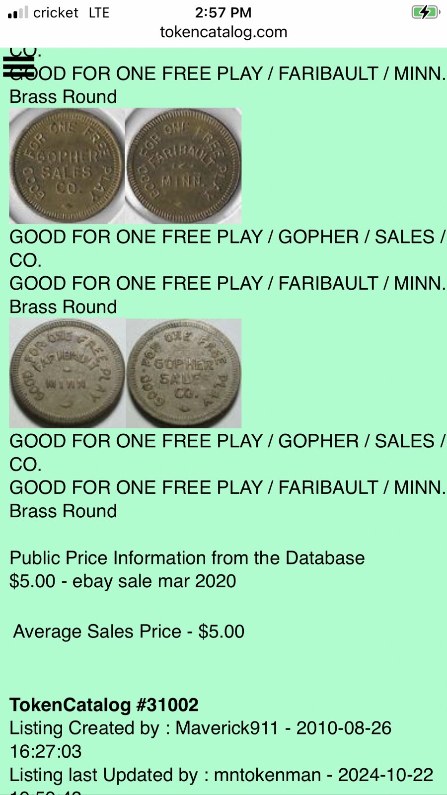 Arcade Token- Gopher Sales Co - Faribault, Minnesota