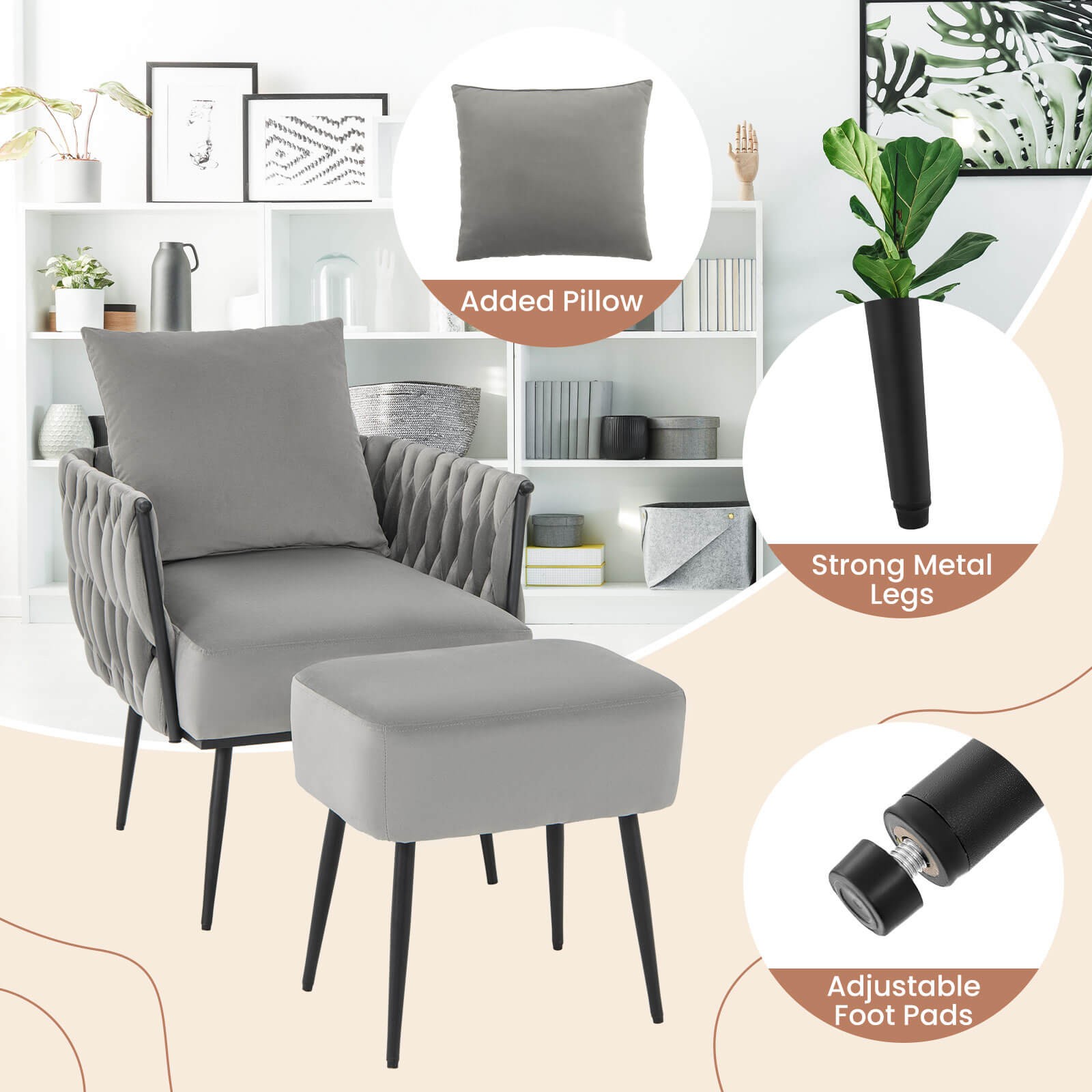 Modern Dutch Velvet Accent Chair and Ottoman Set Single Leisure Sofa Chair