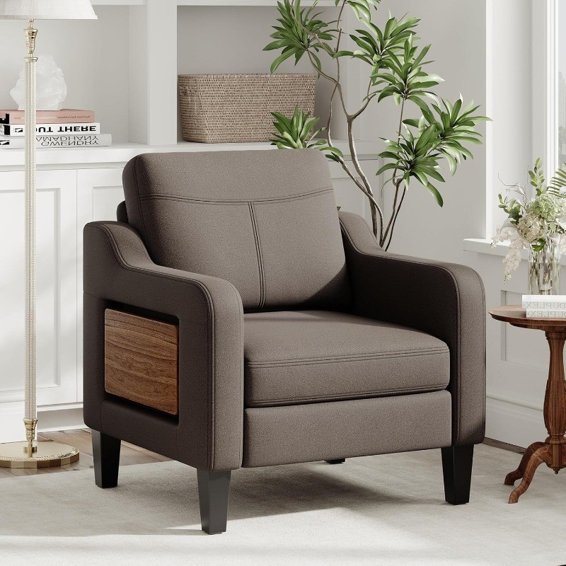 Living Room Modern Linen Upholstered Armchair Side Wooden Fabric Sofa Chair