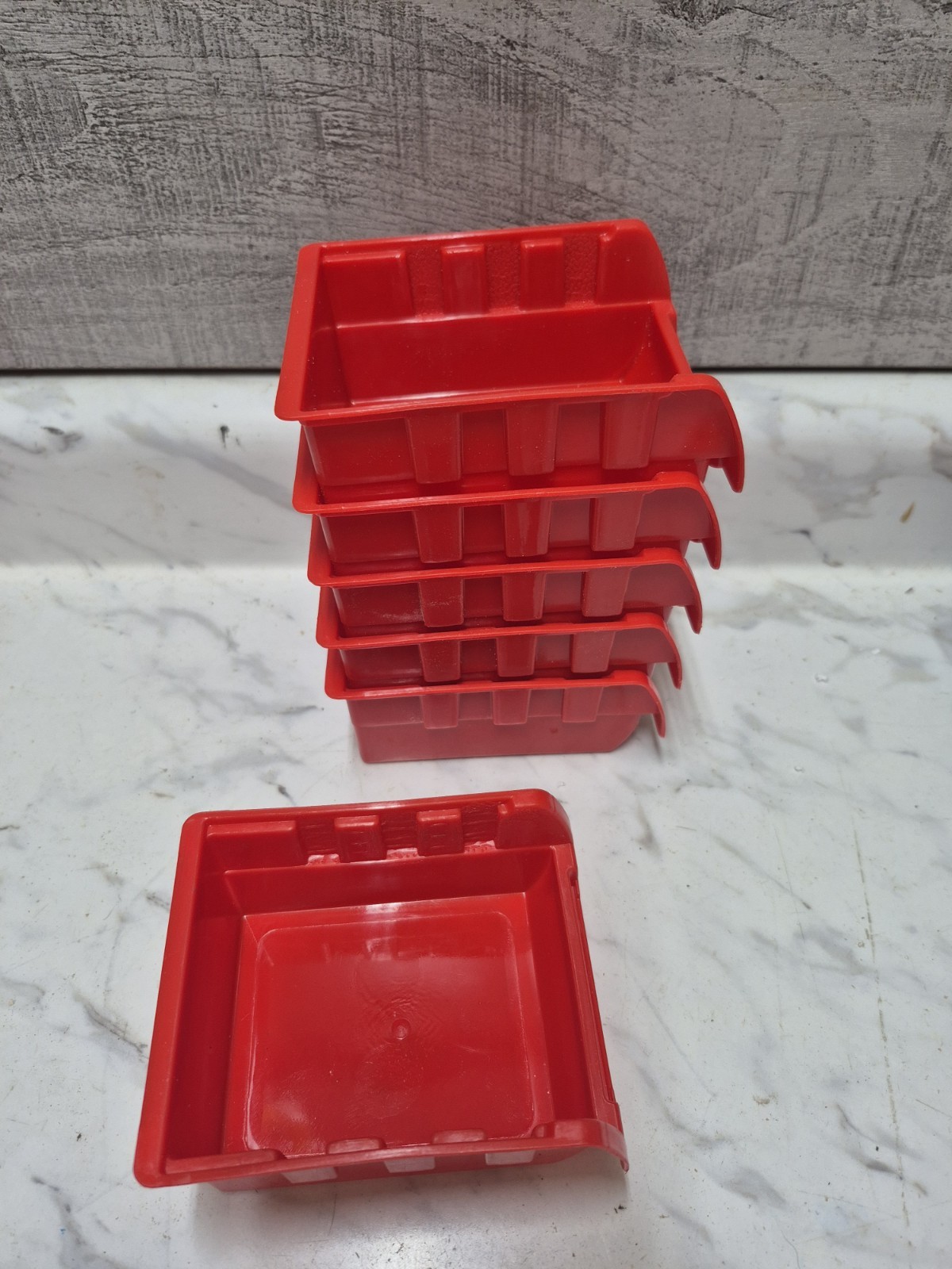 Plastic Stacking Bin Red Craft Bolts Nuts Small Parts Storage Container 6 Pcs