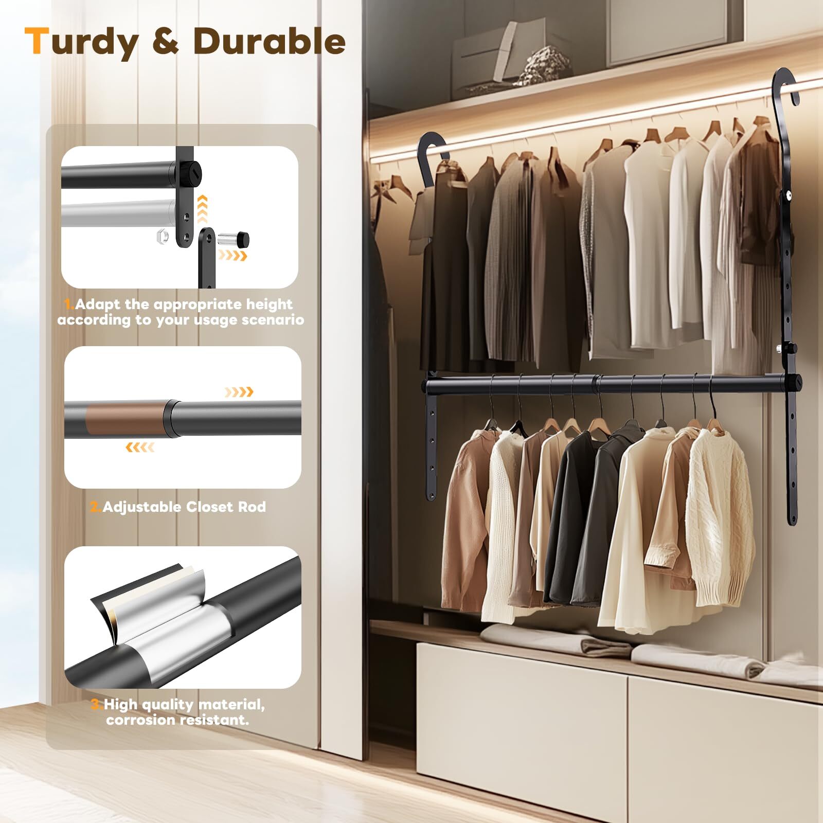 Wardrobe Rod Extender Adjustable Width and Height Wardrobe Hanging Organizer ...