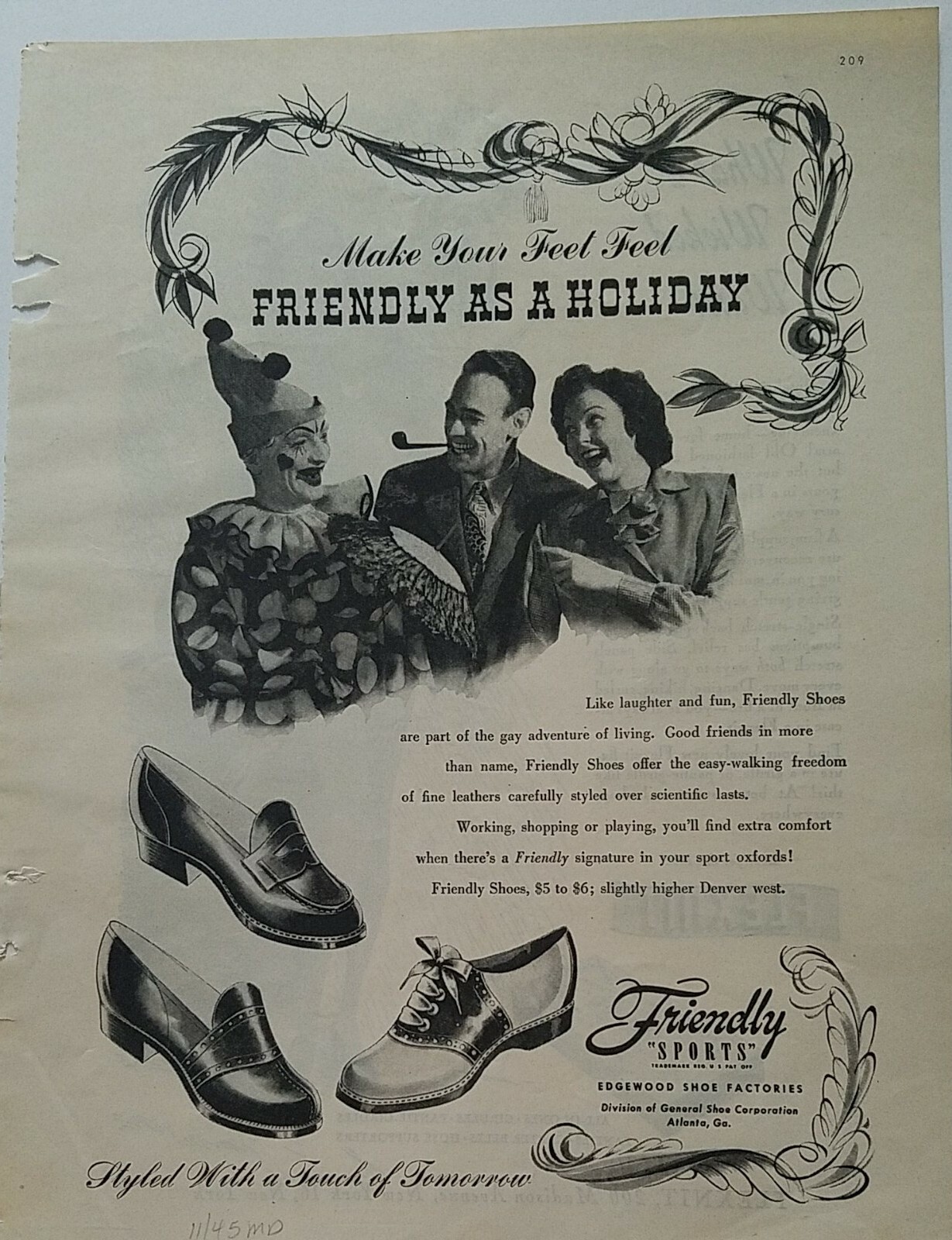 1945 Friendly Sports shoes vintage clown parasol original fashion ad