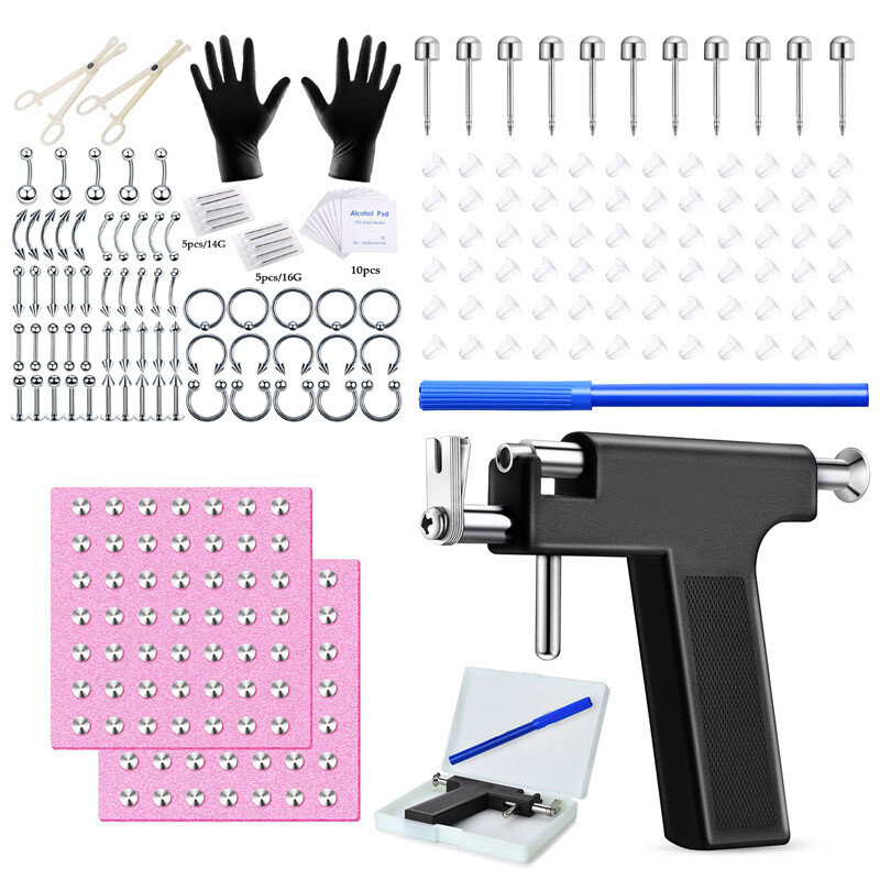 84-185PCS Pro Body Piercing Gun Tool Kit Ear Stud Nose Ring Navel Lip Earring