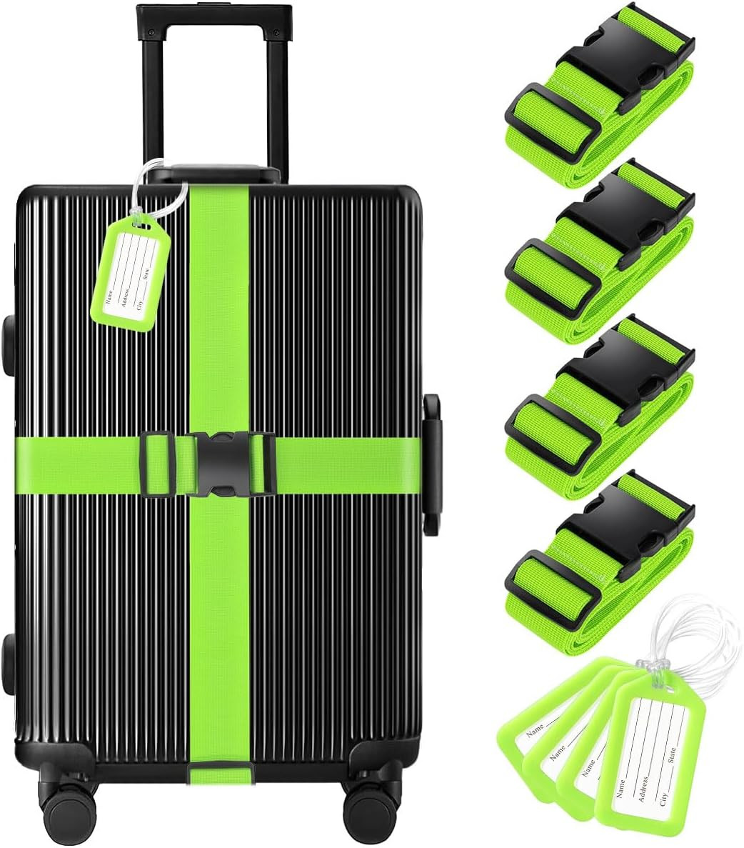 8 Pack Luggage Straps and Tags Set - 4 Straps, 4 Tags, Suitcase Belt | Luggage S
