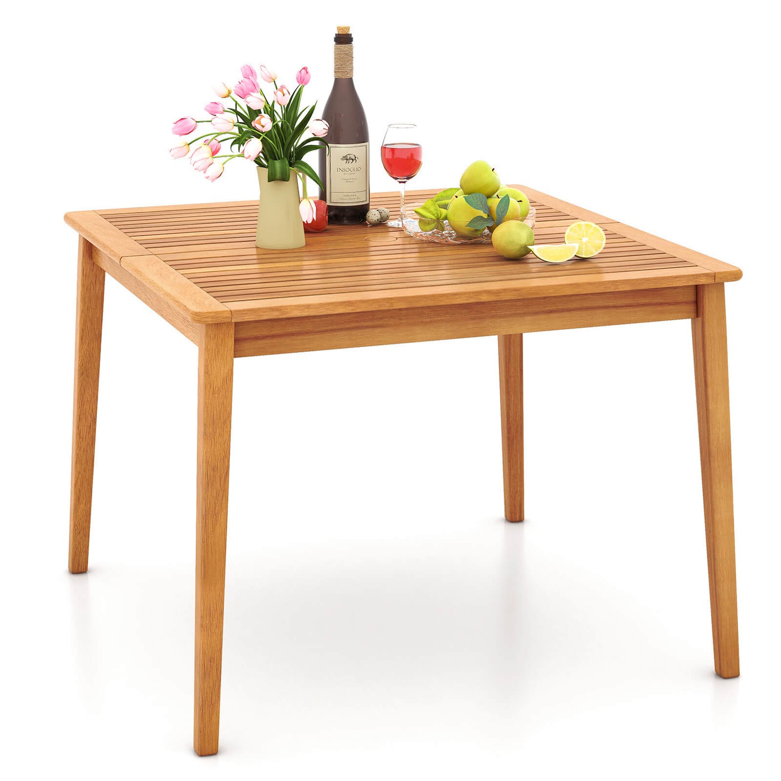 39" 4-Person Outdoor Acacia Wood Dining Table with 1.96" Umbrella Hole for Porch
