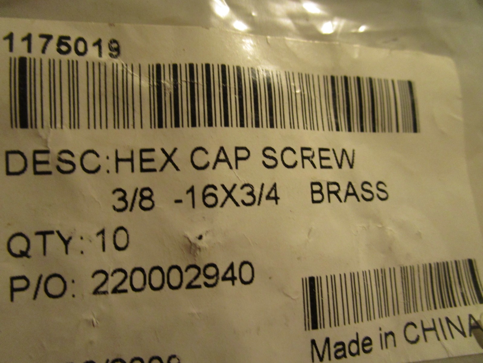 3/8"-16 x 3/4" Brass Hex Cap Screw QTY 10