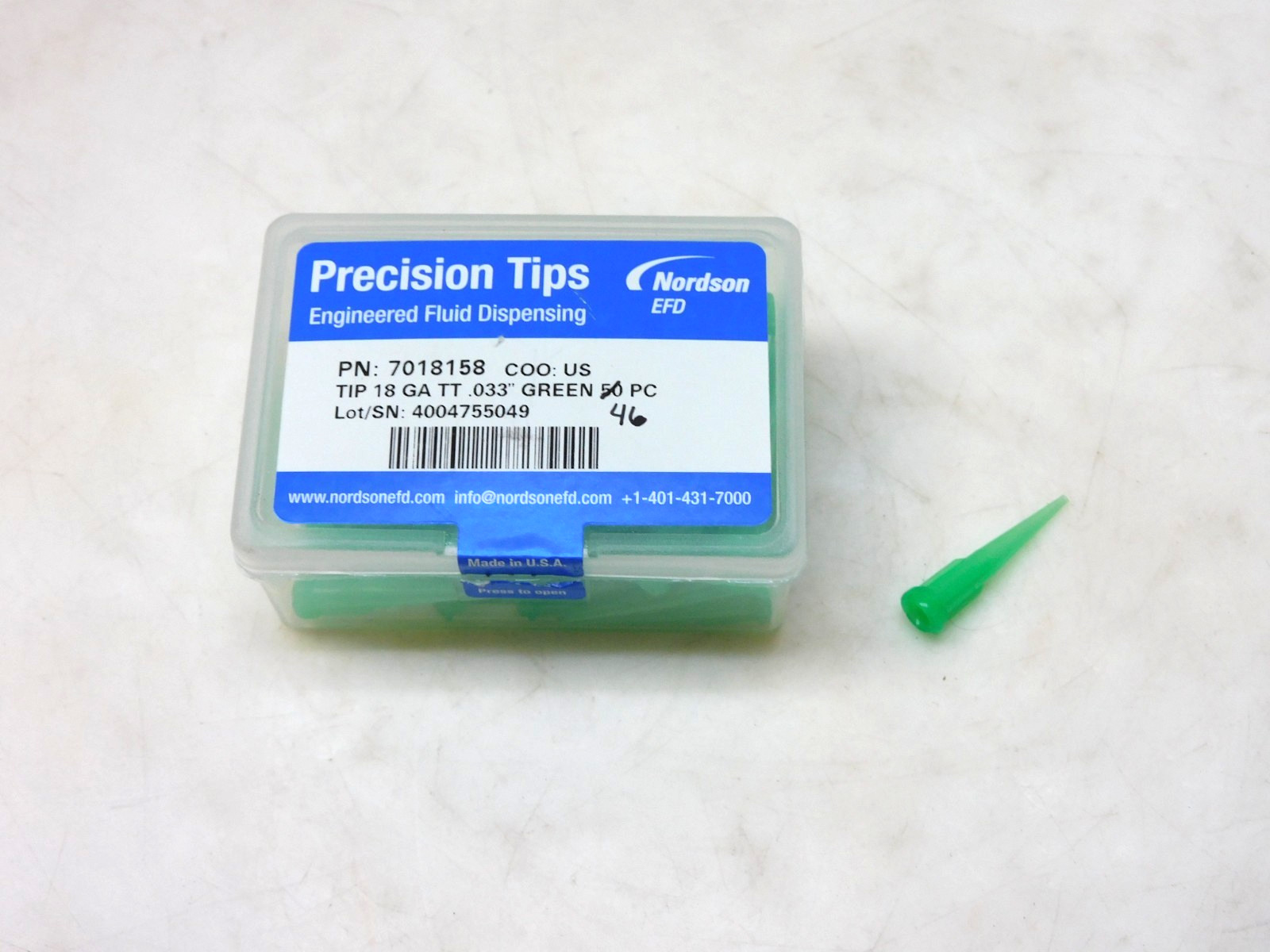 Nordson 7018158 Fluid Dispensing Precision Tip 18 GA TT .033" Green 46 Pack