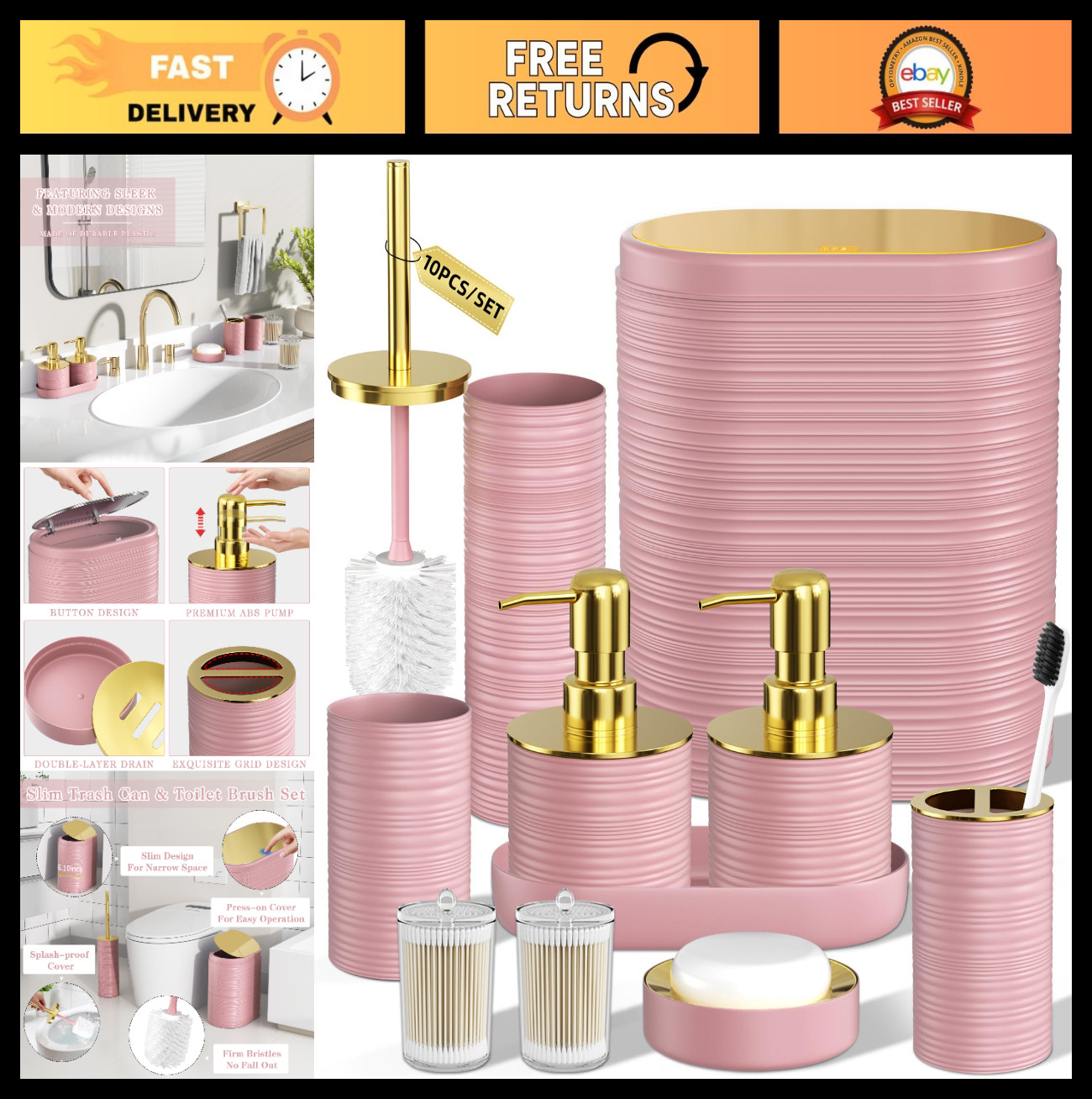 10PC Pink & Gold Bathroom Accessory Set - Stylish Decor, Soap Dispensers & Trash
