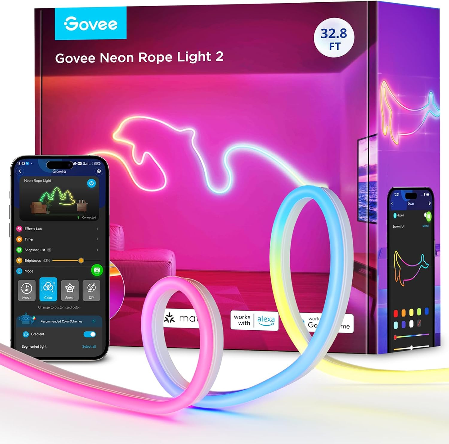Govee RGBIC Neon Lights, LED Smart Neon Rope Light 2 Works with Matter, Alexa, G