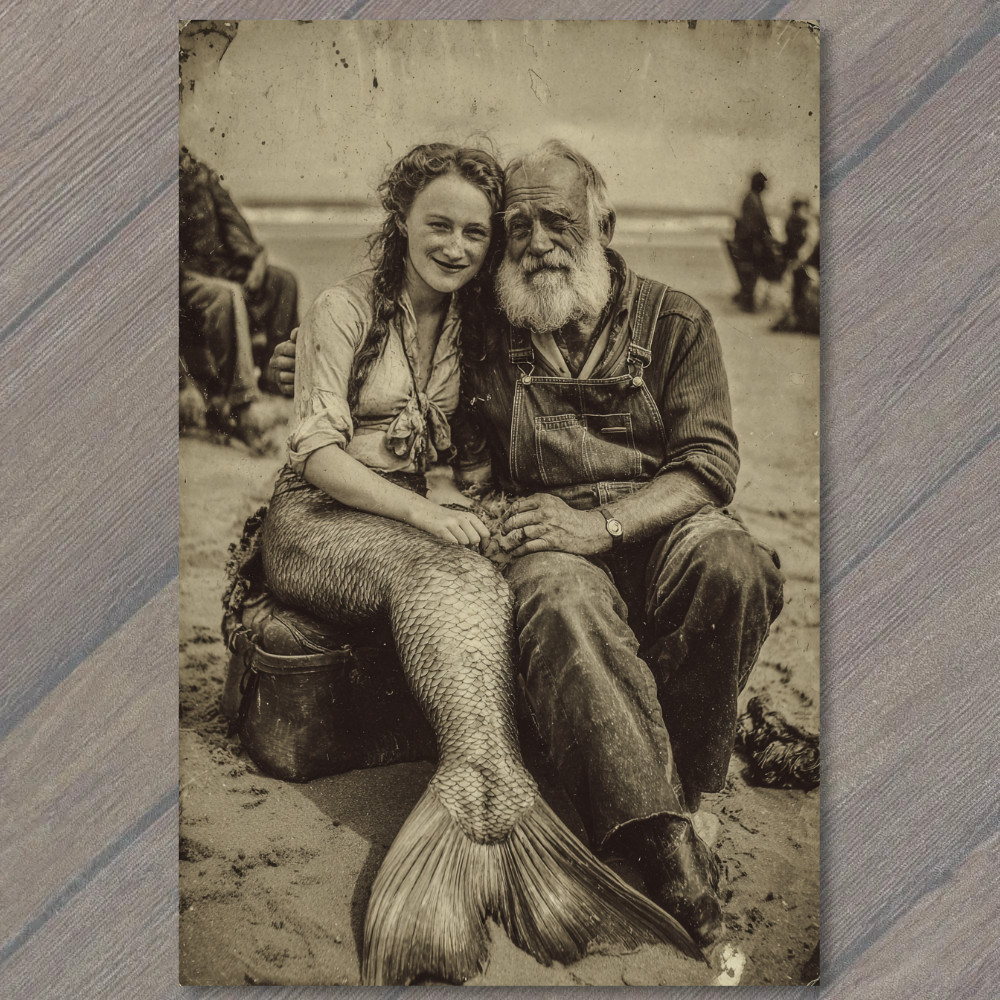 POSTCARD Mermaid Fisherman Beach Portrait Surreal Myth Folklore Ocean Romance